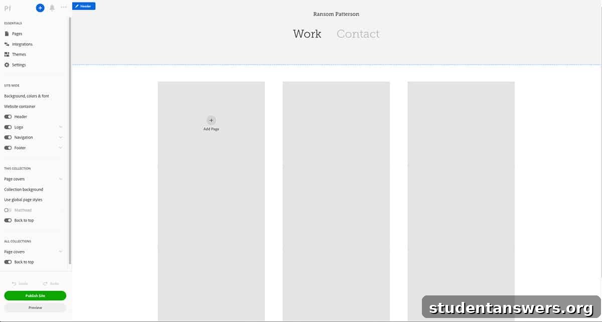 A creative professional's grid-based photo gallery being edited within Adobe Portfolio.