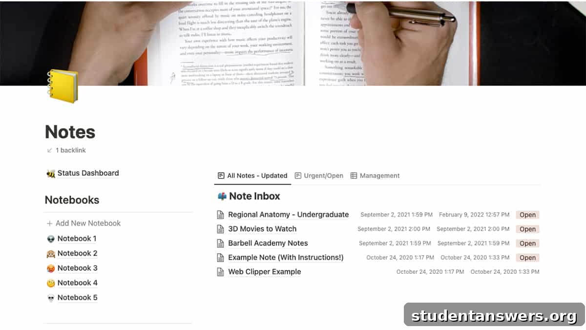 A sophisticated note-taking template in Notion with multiple columns.