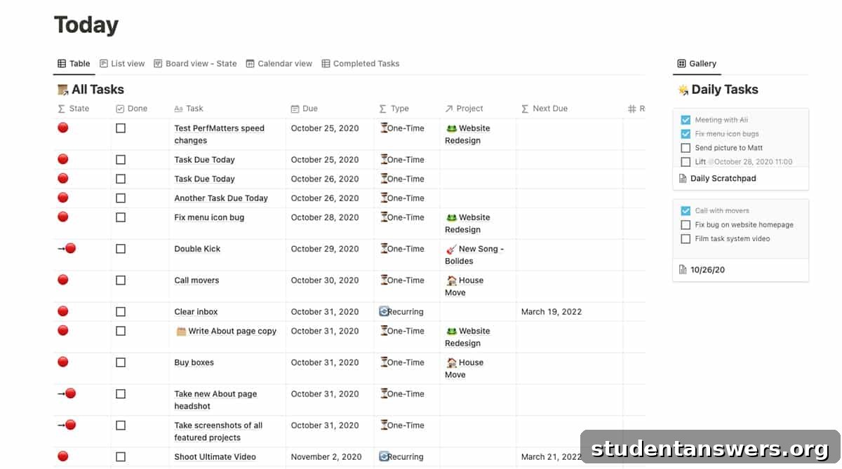 A detailed task management database in Notion showing due dates and priorities.