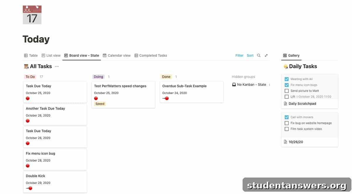 A Kanban board in Notion used for tracking assignment progress.