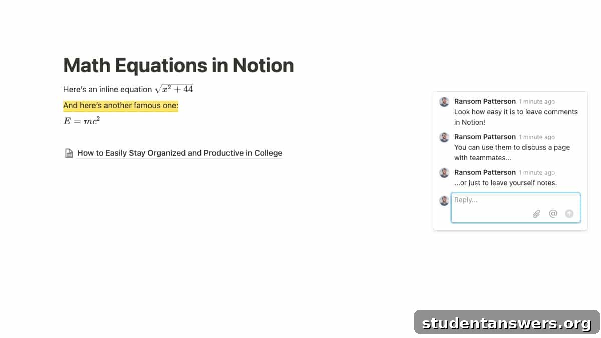 Team members leaving comments on a Notion page for a group project.