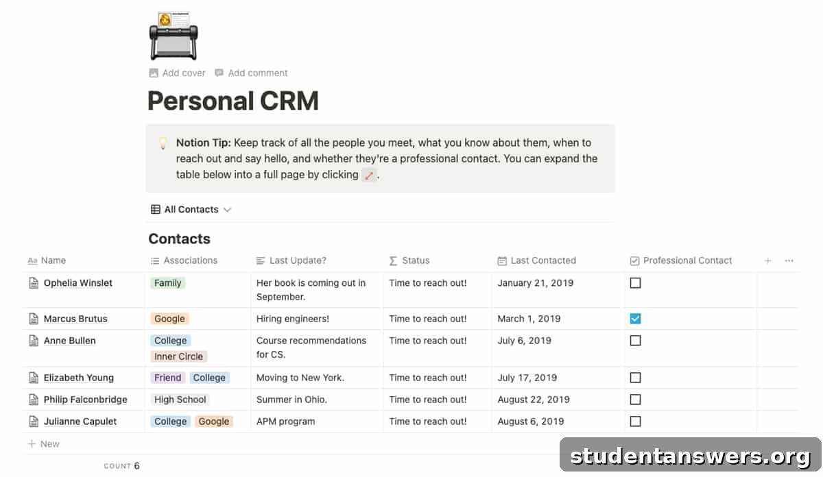 A personal CRM template built in Notion to track professional contacts.