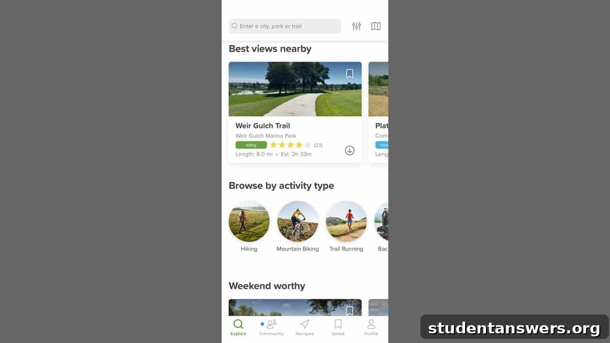 Browsing hiking trails in a specific area using the AllTrails app
