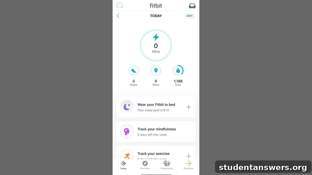 Fitbit app's 'Today' screen showing daily stats like steps, calories, and active zone minutes
