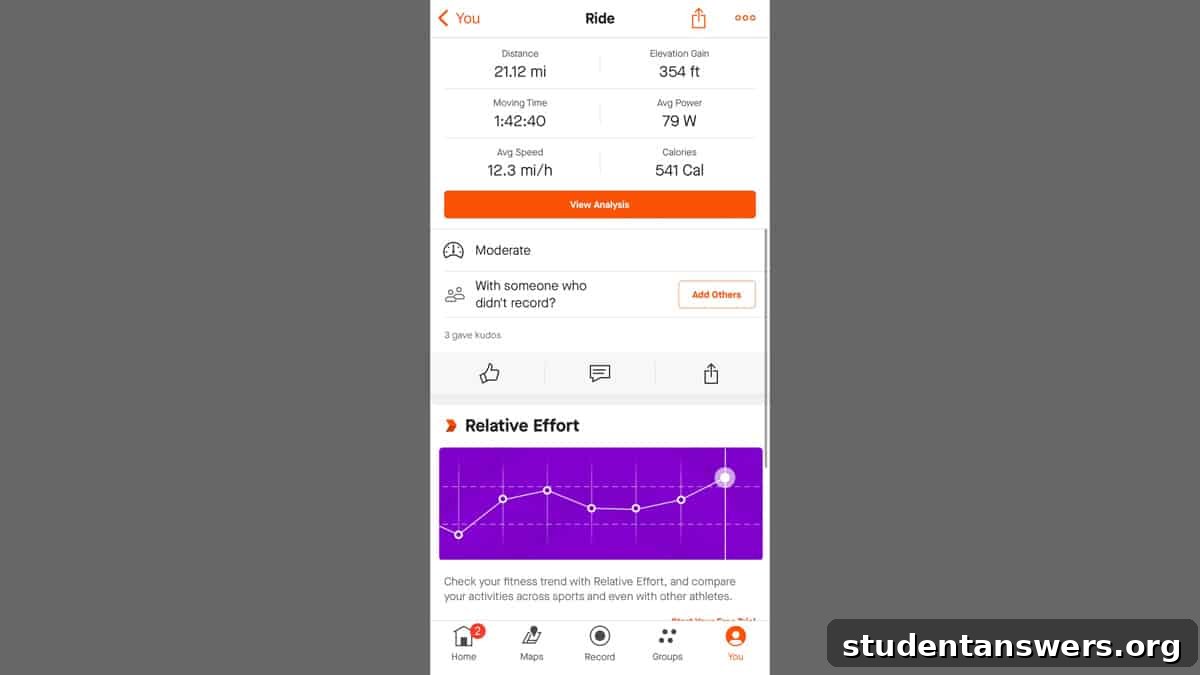 Screenshot of Strava app showing ride data including map, distance, time, and elevation