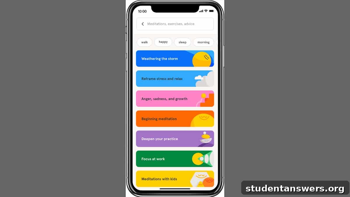 The search screen within the Headspace app showing different meditation categories
