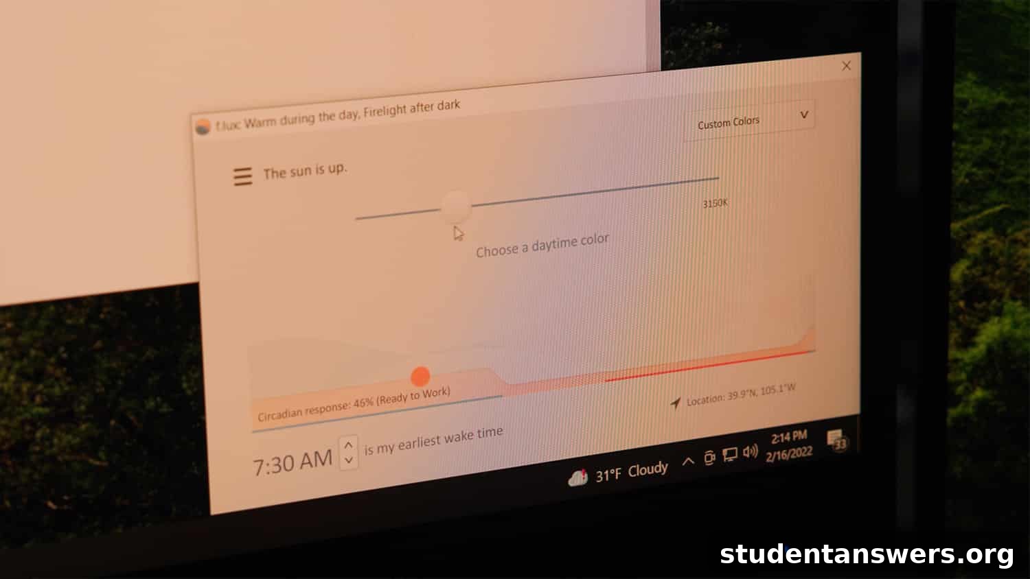 The settings panel for f.lux, allowing customization of screen color temperature