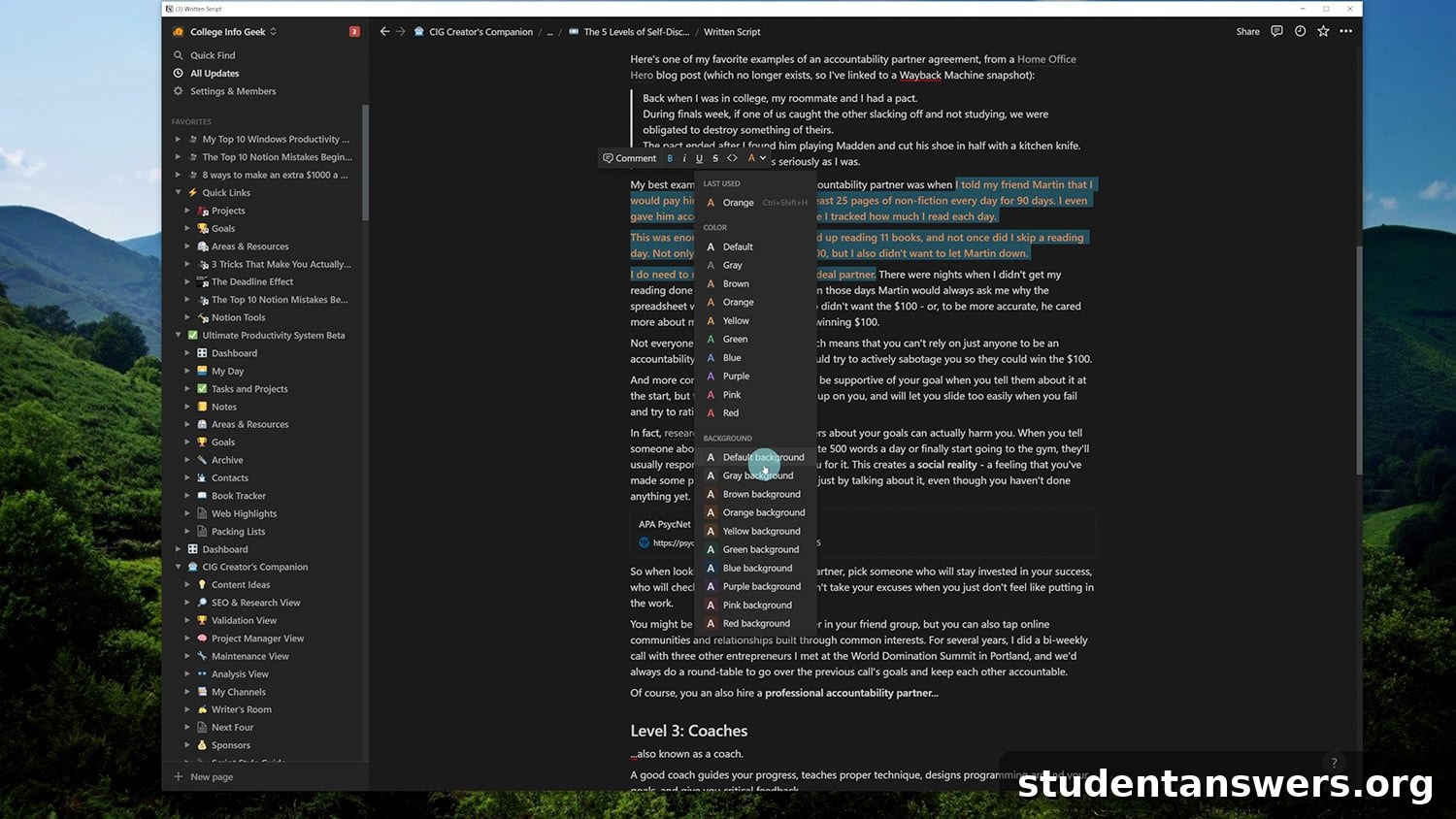 Organizing notes and tasks within a structured Notion document