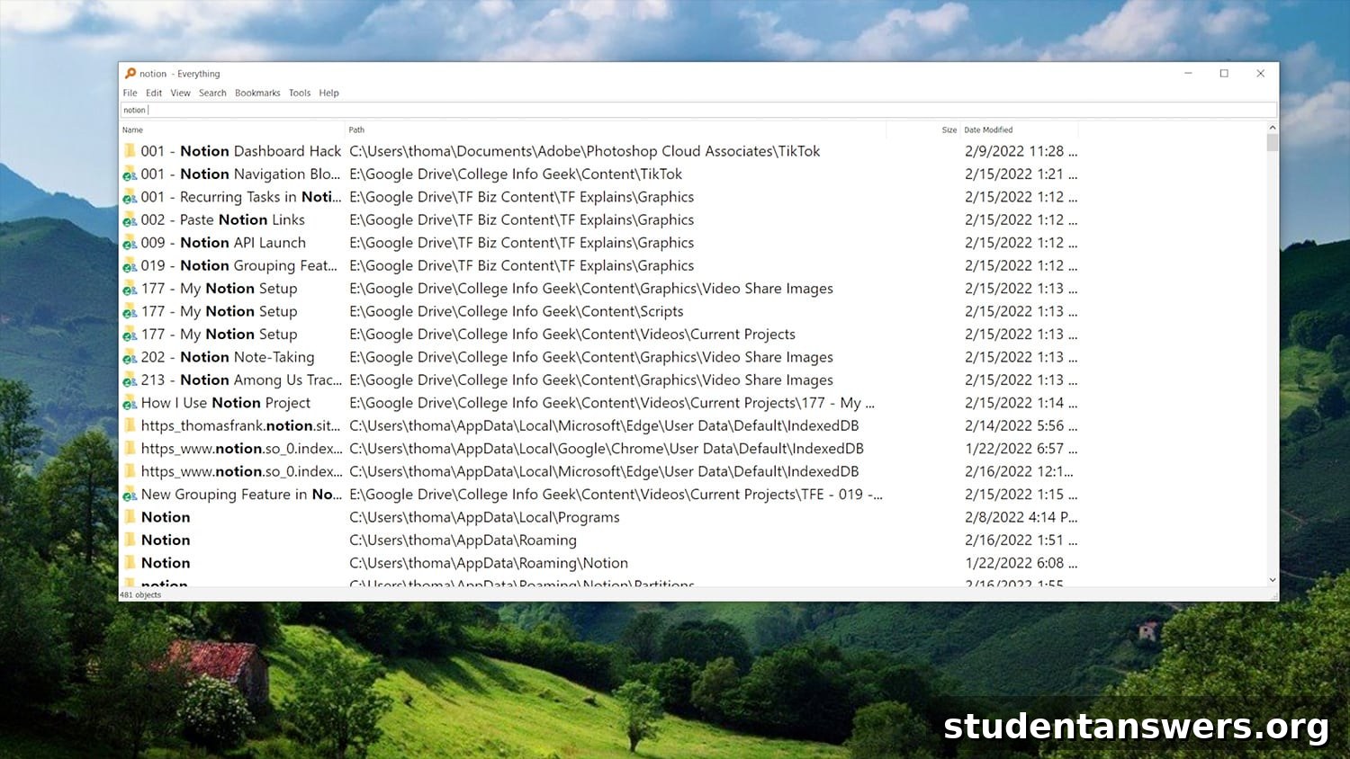 The user interface of the Everything search tool, showing instantaneous search results