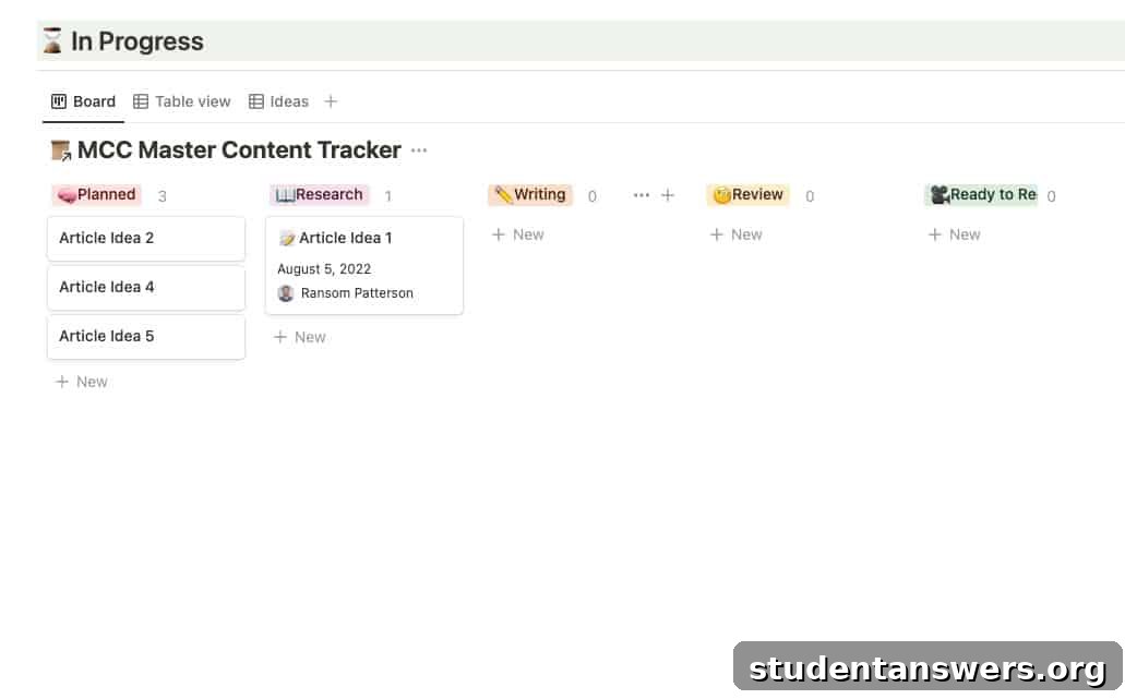 Moving an article card from the 'Planned' to the 'Research' column on the Notion Kanban board.
