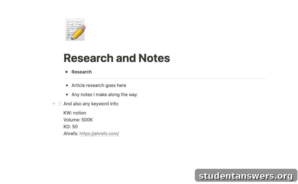 An example of detailed research notes and keyword data from Ahrefs stored inside the Notion article page.