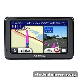 A modern Sat Nav GPS device mounted on a car's dashboard displaying a map