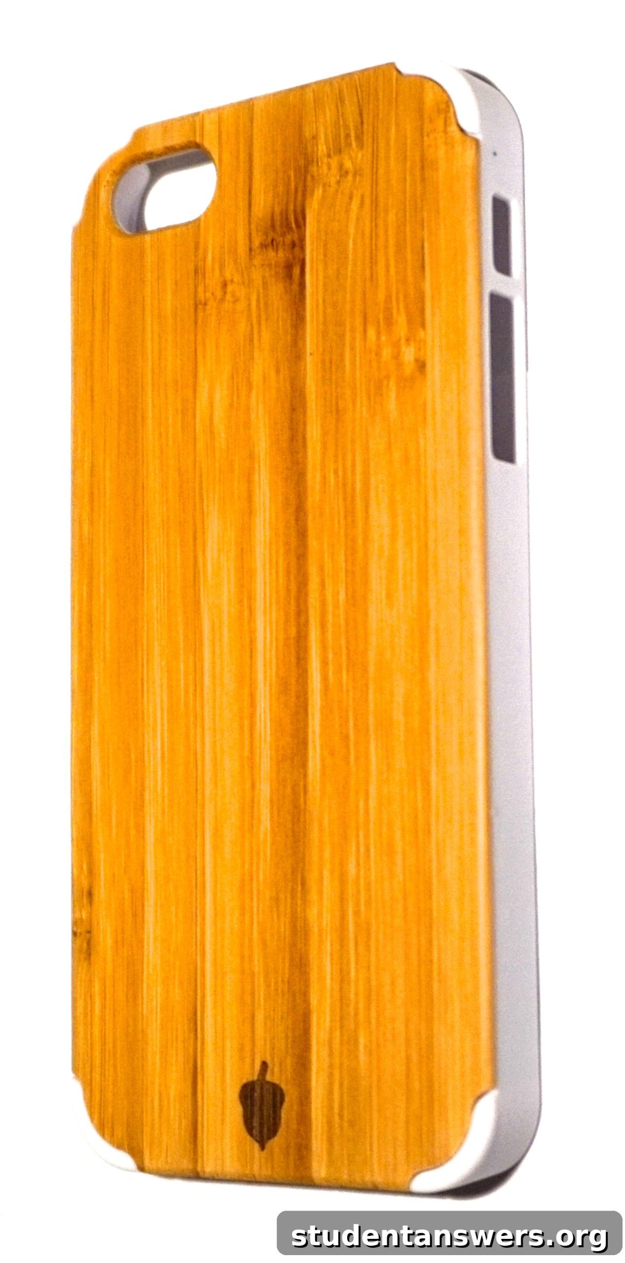 A white iPhone 5 with a light-colored bamboo wood case.