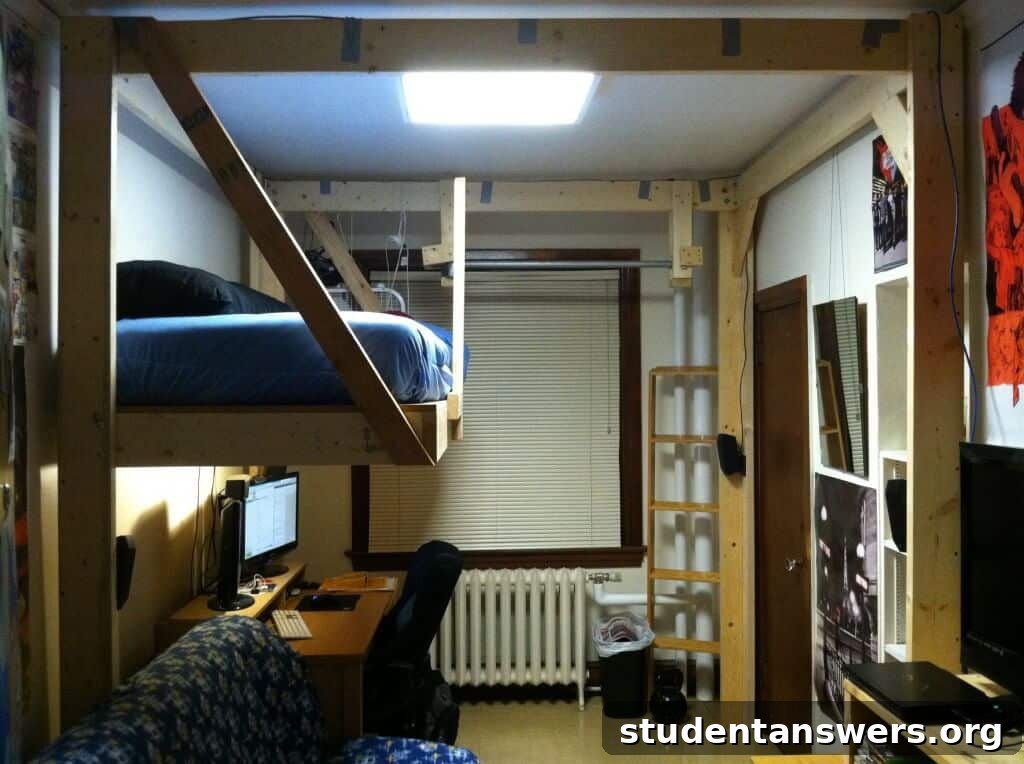 The fully assembled and finished DIY loft bed in a dorm room.