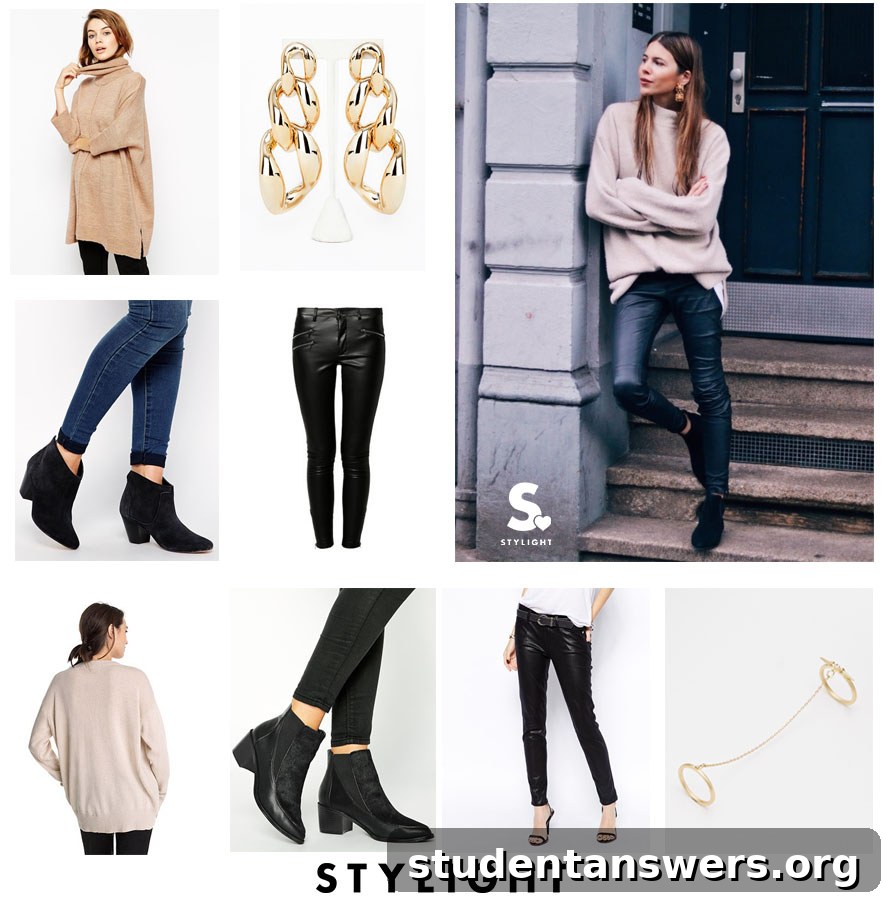 A woman models a classic minimalist look featuring a camel oversized jumper, black leather trousers, and gold jewelry.