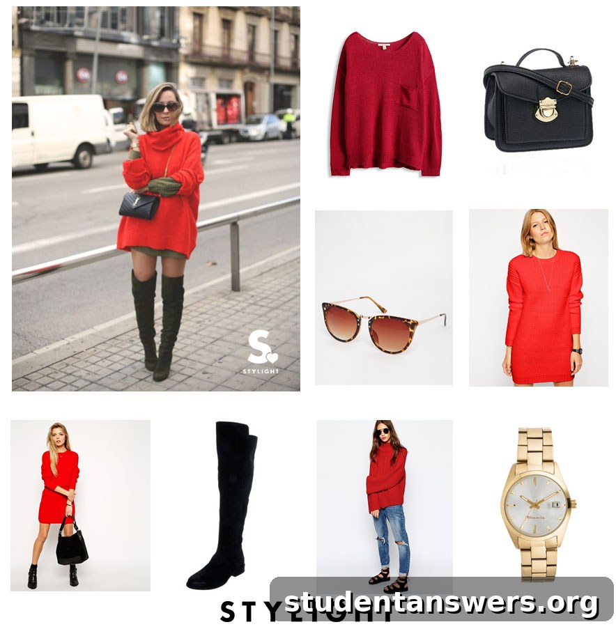 A fashion-forward look featuring a bold red oversized jumper worn as a dress, paired with over-the-knee boots.
