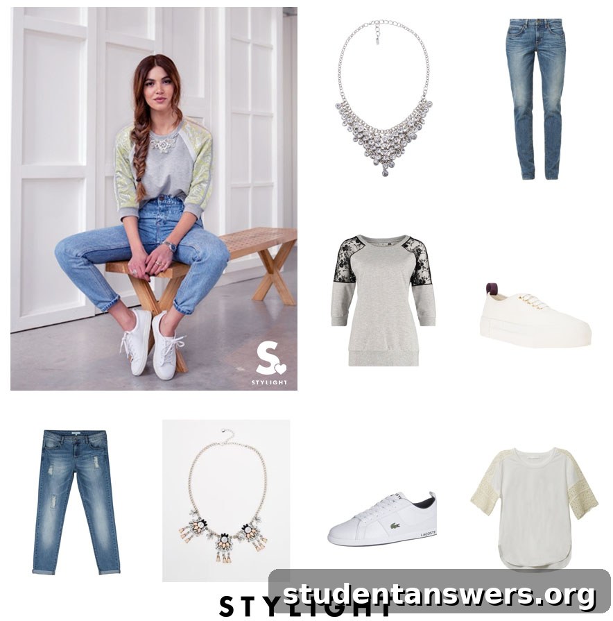 A casual outfit styling ripped boyfriend jeans with a white top and classic white trainers
