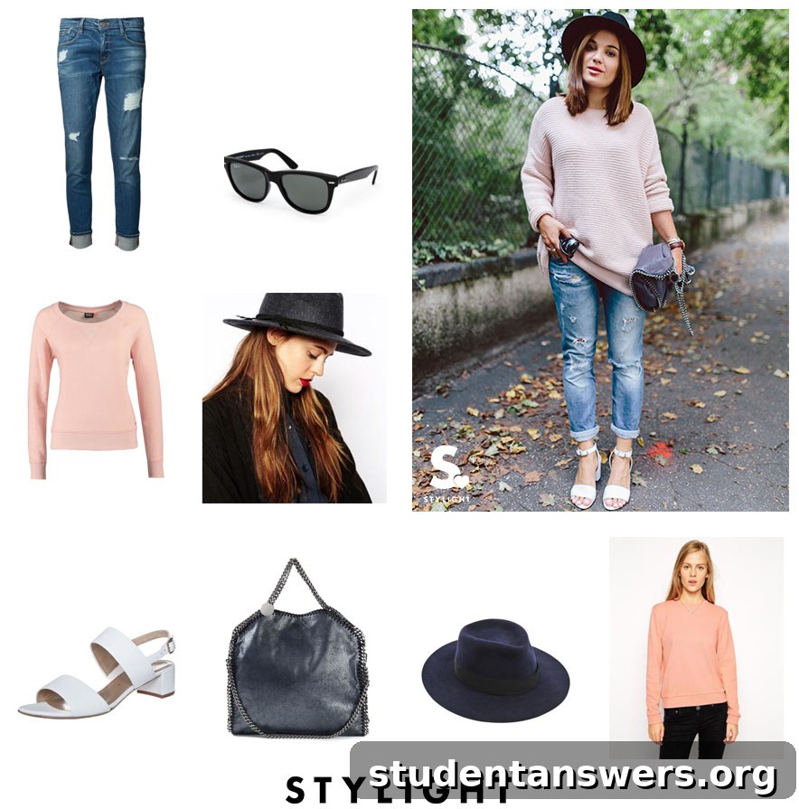 A chic spring outfit pairing boyfriend jeans with pastel colors, white sandals, and a designer handbag