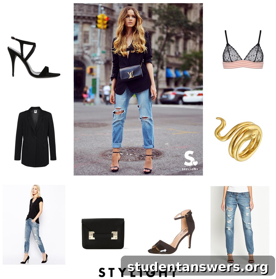 A sophisticated night-out outfit combining ripped boyfriend jeans with a classic blazer and high-heeled sandals