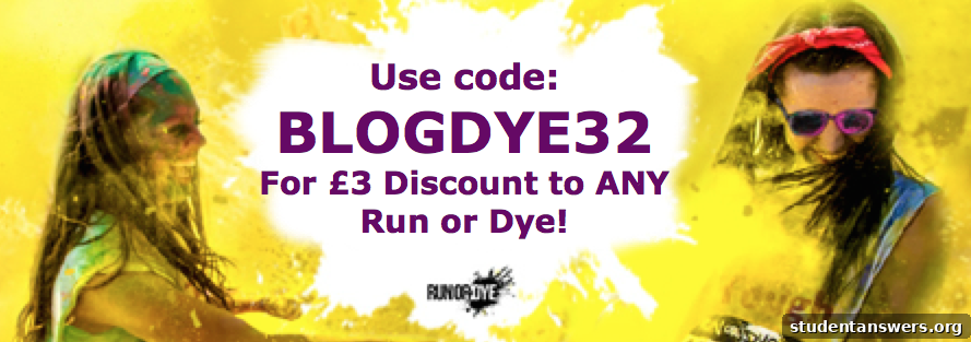 A promotional banner for the Run or Dye event with a discount code