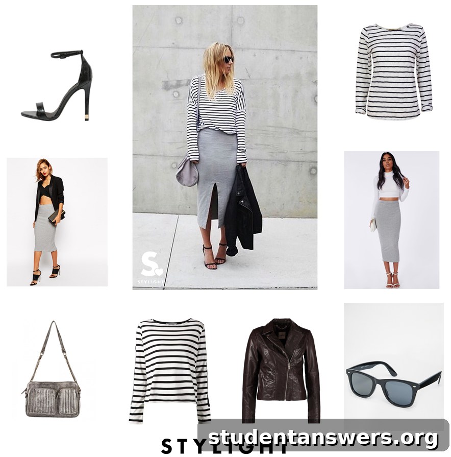 A chic outfit featuring a striped top paired with a grey midi skirt and a black leather jacket.