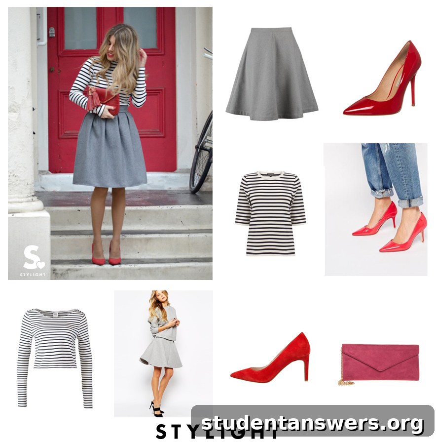 A Parisian-inspired outfit with a striped top tucked into a full, high-waisted skirt, completed with vibrant red heels.