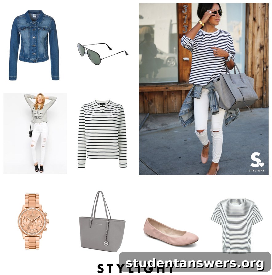 A relaxed, casual outfit featuring an oversized striped top paired with denim jeans and a denim jacket for a laid-back look.