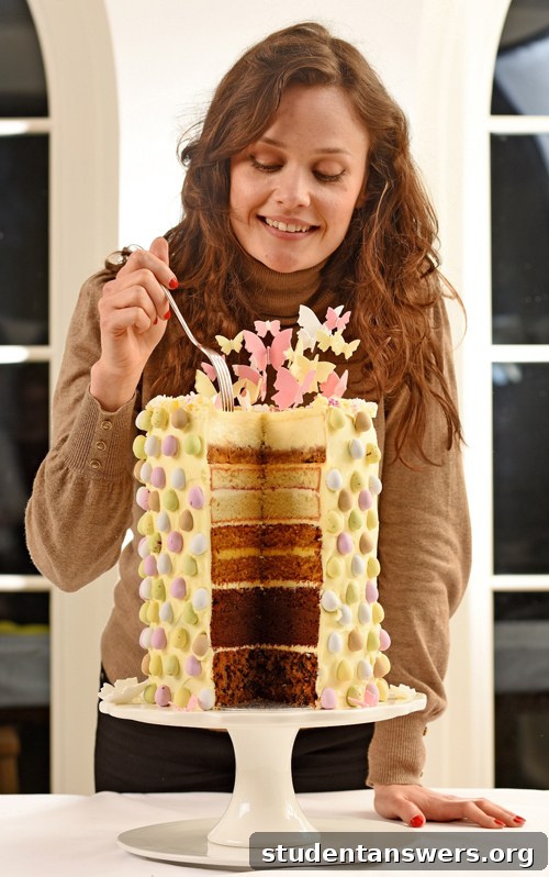 A stunning multi-layered Easter celebration cake featuring cheesecake, chocolate, and sponge layers, decorated with mini eggs and sugar flowers.