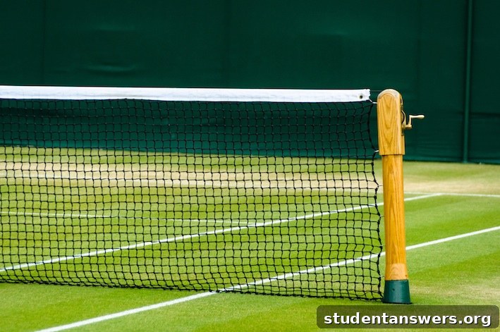 A pristine grass tennis court at Wimbledon with the net in sharp focus, ready for play.