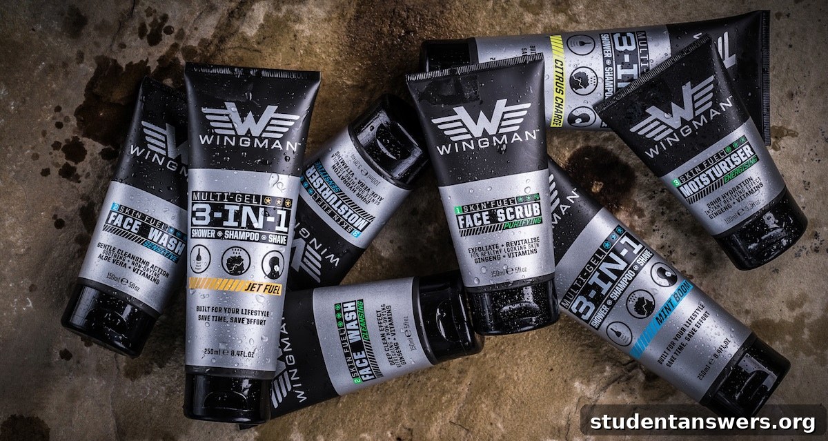 The full range of Wingman men's grooming products, including face wash, moisturiser, and multi-gel, displayed neatly.
