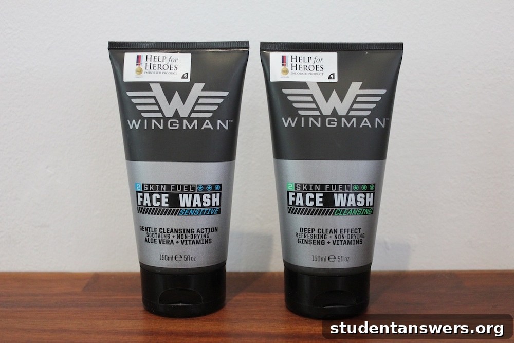 Two bottles of Wingman Face Wash, one for sensitive skin and one for cleansing.