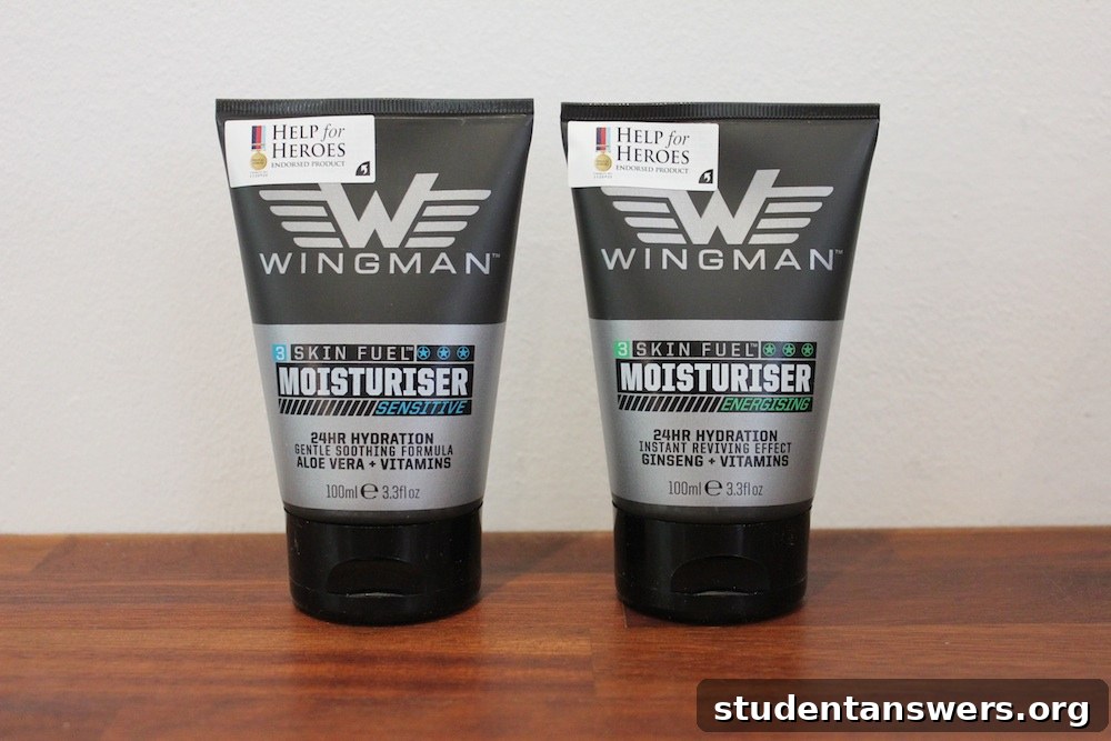 Wingman Sensitive Moisturiser and Energising Moisturiser bottles side by side.
