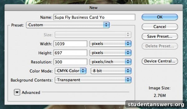 Photoshop new document settings for a business card.