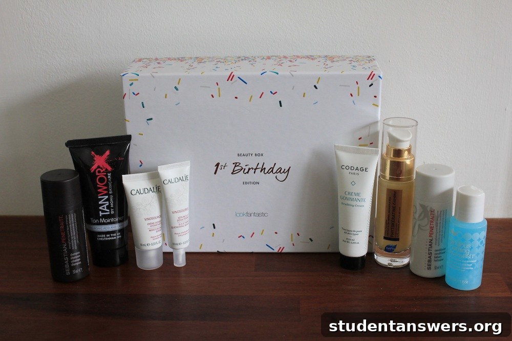 A curated collection of beauty products inside a Lookfantastic beauty box