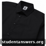Detailed collar shot of the smart black shirt.