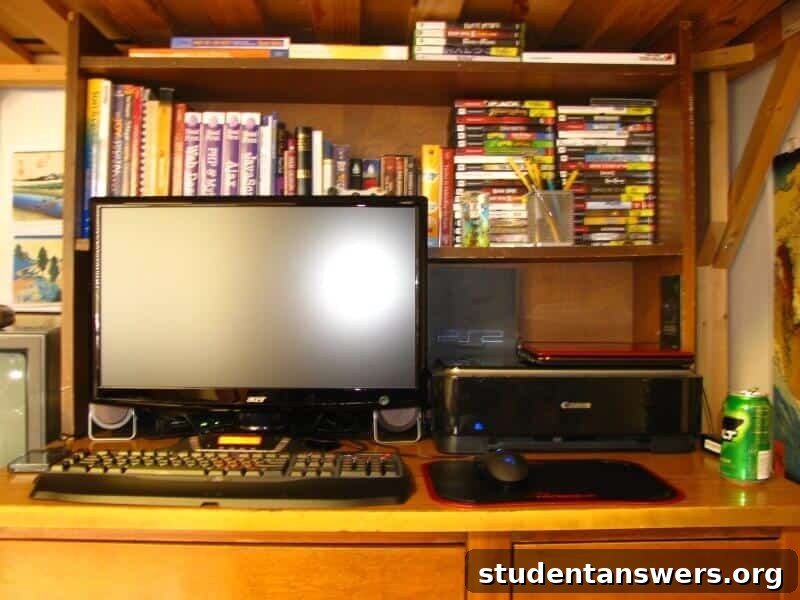 A cluttered college desk before organization, with a laptop, monitor, and bookshelf covering the entire surface.