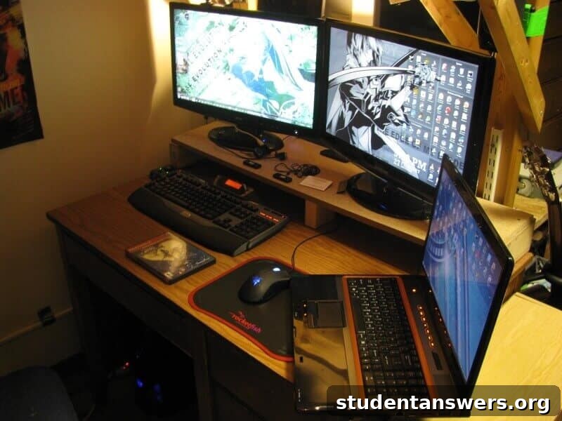 An organized and productive college desk setup with a DIY monitor shelf holding two screens, creating a clear and open workspace below.