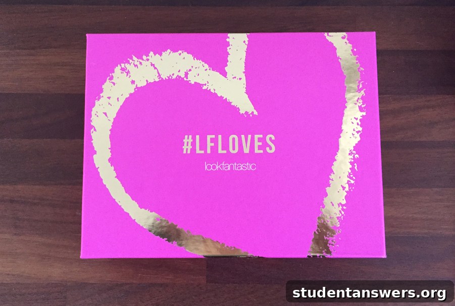 The Lookfantastic February #LFLOVES edition beauty box displayed with its contents.