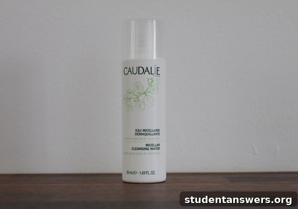 A travel-sized bottle of Caudalie Micellar Cleansing Water