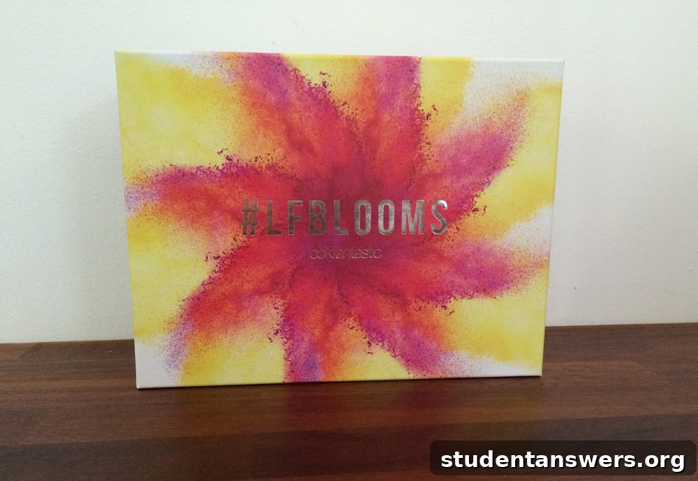 The Lookfantastic April #LFBLOOMS beauty box and its contents displayed on a white background.