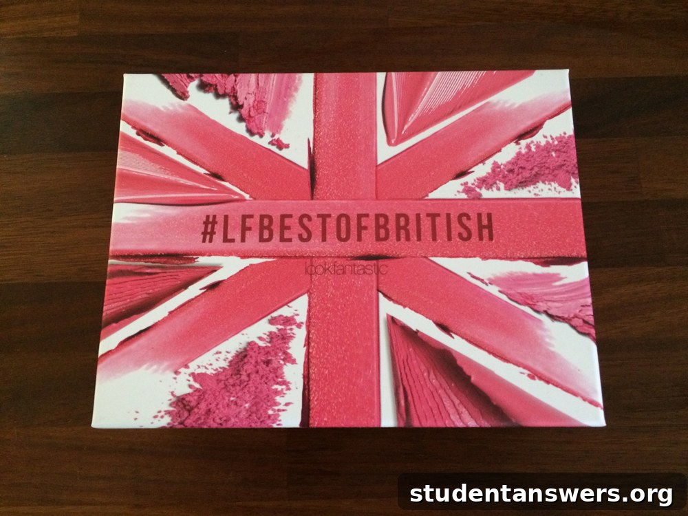 A Lookfantastic beauty box with various British beauty products displayed on a white background