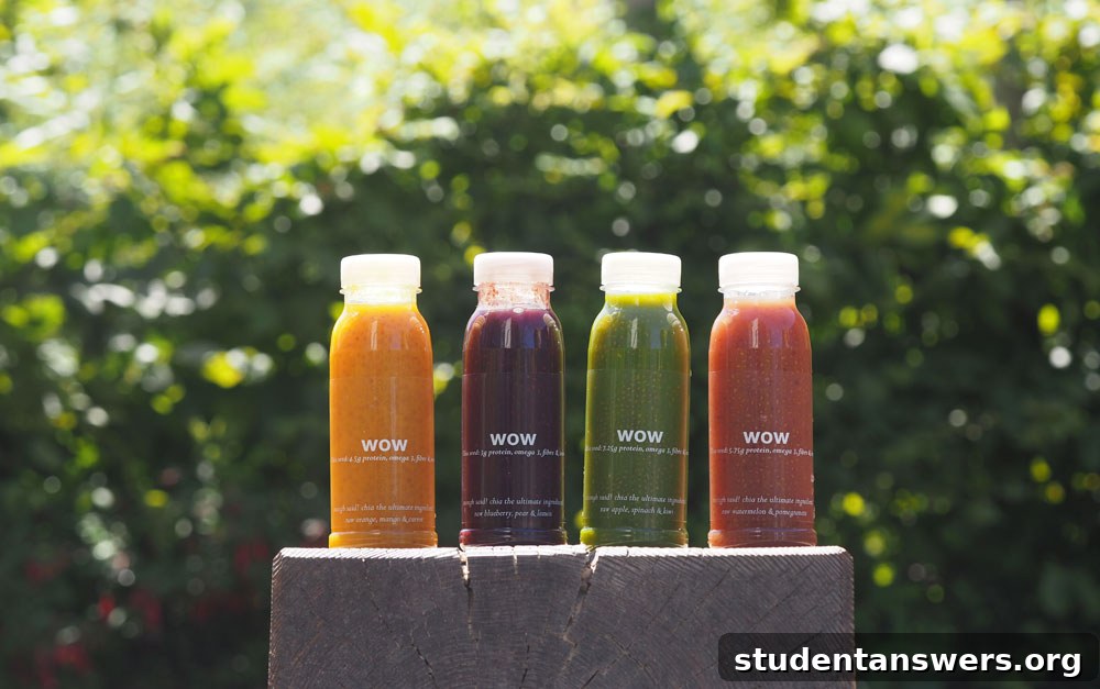 A collection of 'wow' brand chia seed drink bottles.