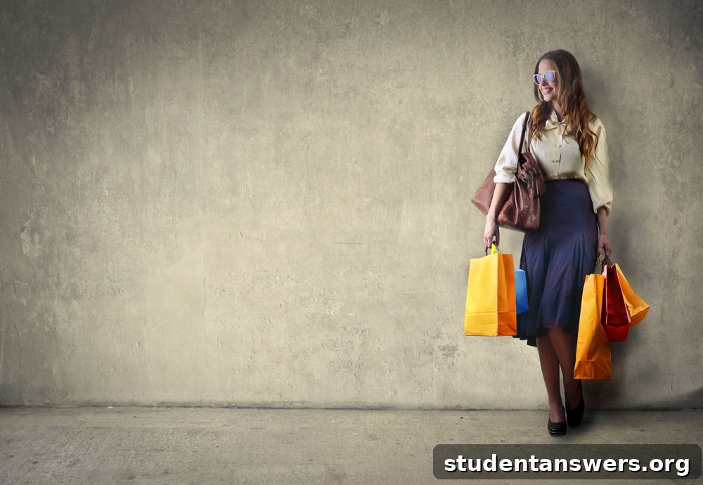 A woman joyfully holding multiple shopping bags