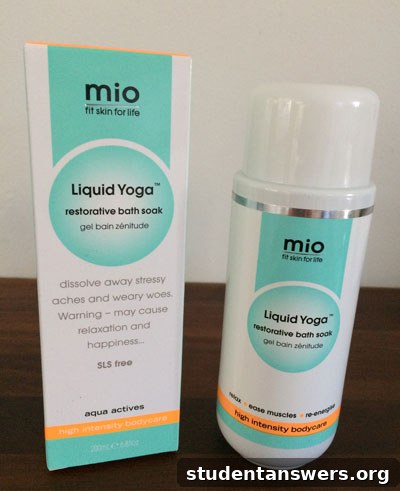 A bottle of Mio Liquid Yoga Restorative Bath Soak