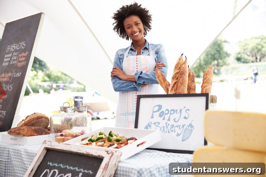 A young female food entrepreneur managing her stall at a local farmers market