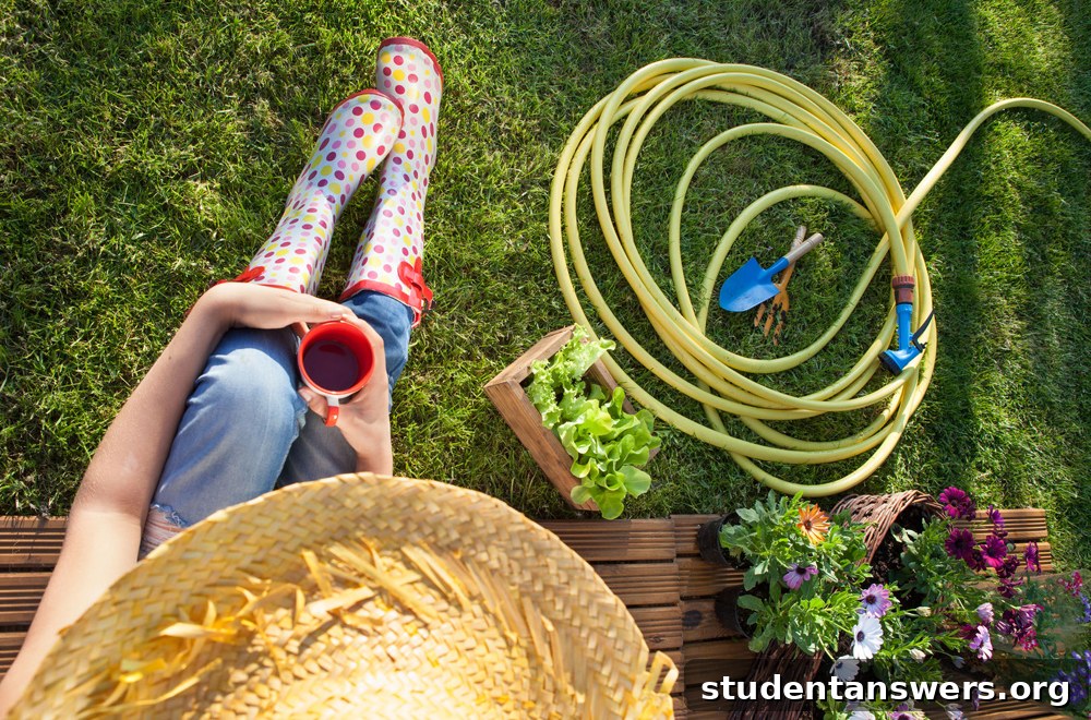 A student relaxing and studying in a vibrant, well-decorated student rental garden.