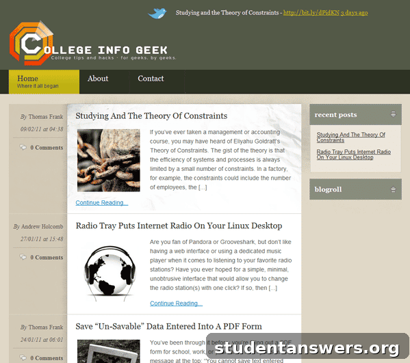 The first version of the College Info Geek blog, featuring a basic blue and white theme from 2010.