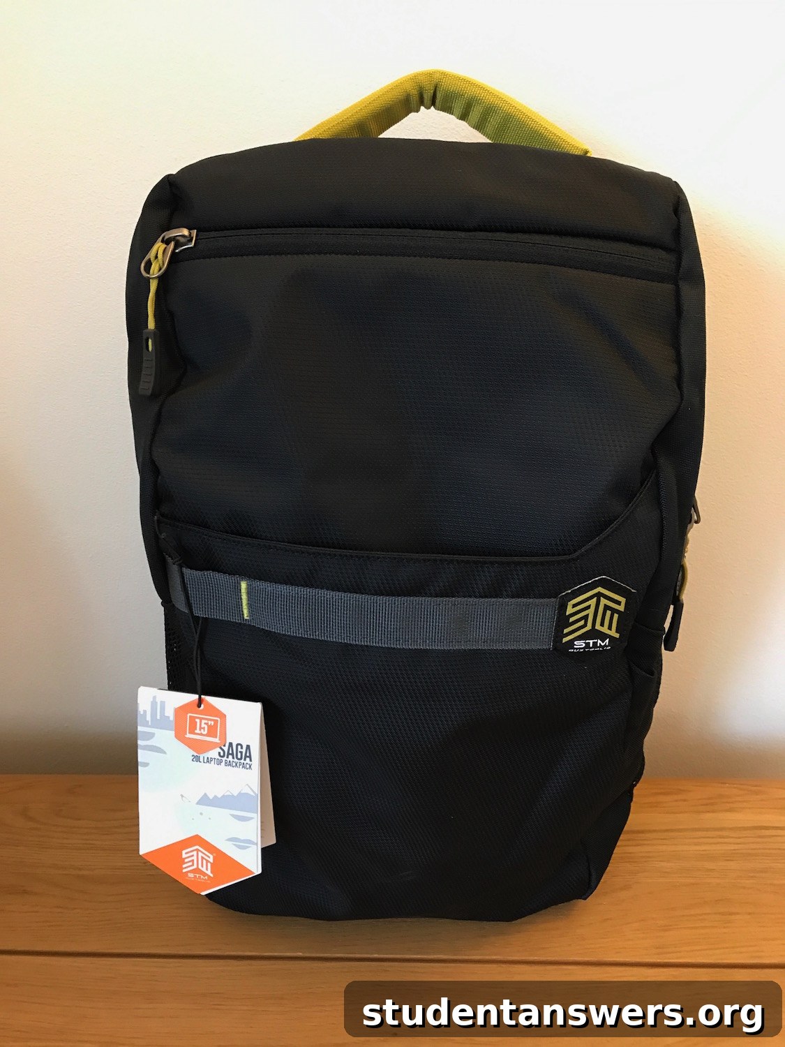 Front view of the black STM Saga 15-inch laptop backpack
