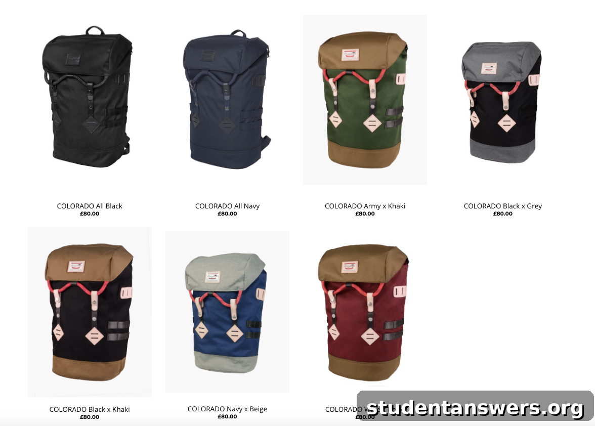 A gallery of different color options for the standard Doughnut Colorado backpack.