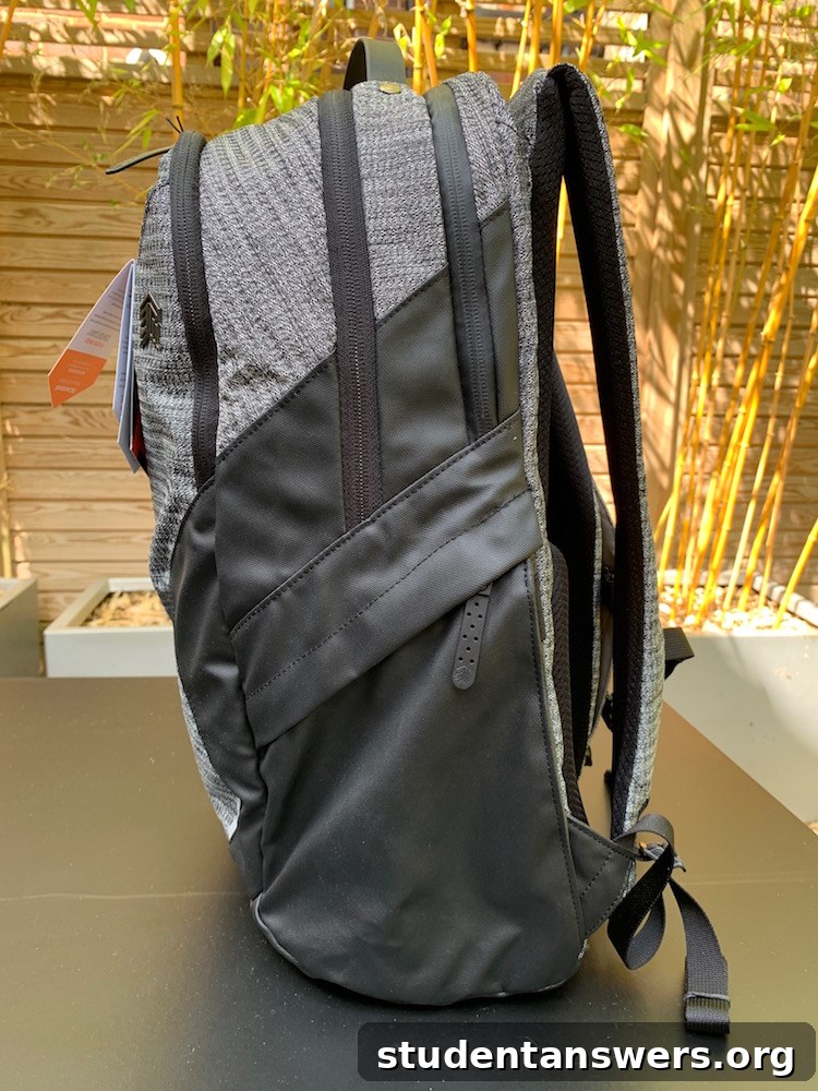 Front view of the backpack highlighting the main external pocket